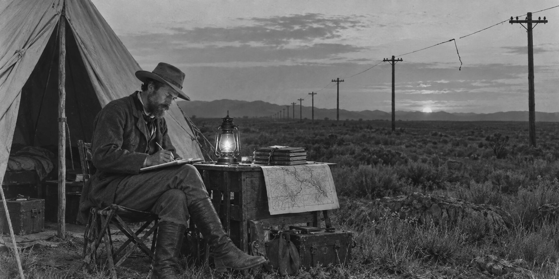 Un explorador anota en su libreta junto a una carpa, al atardecer; a lo lejos, la línea de telégrafo cortada.