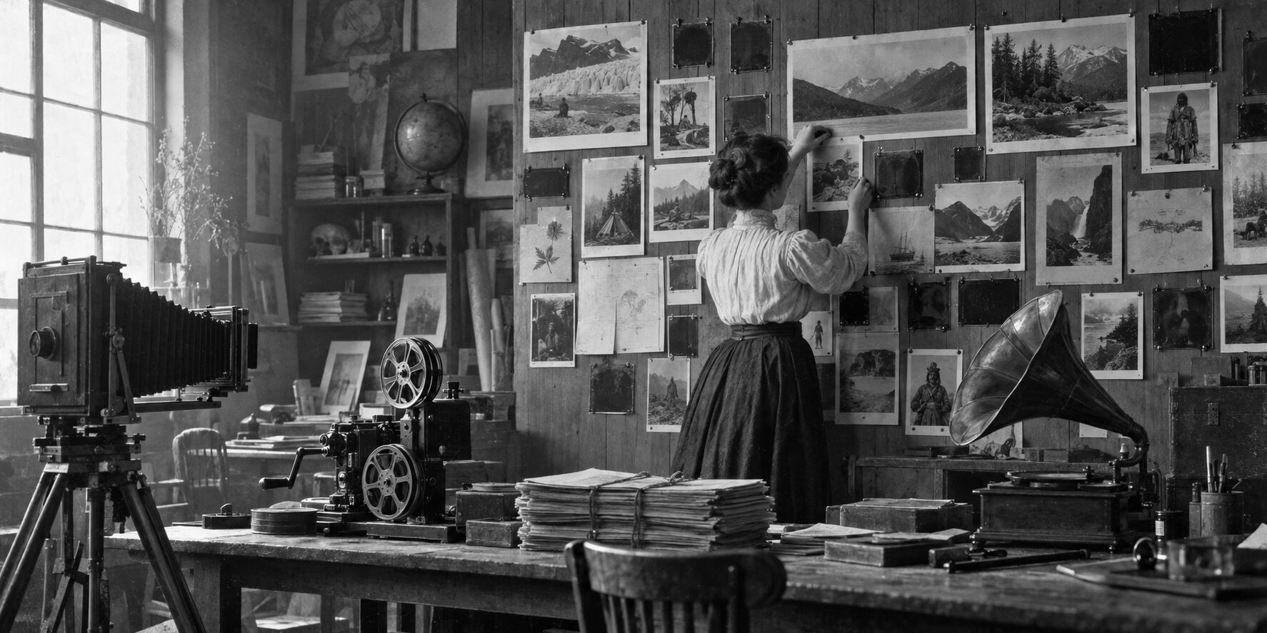 Un taller fotográfico a principios del siglo XX: una mujer clava fotografías en una pared llena de imágenes; sobre la mesa, una cámara de fuelle, un proyector de cine y un fonógrafo.